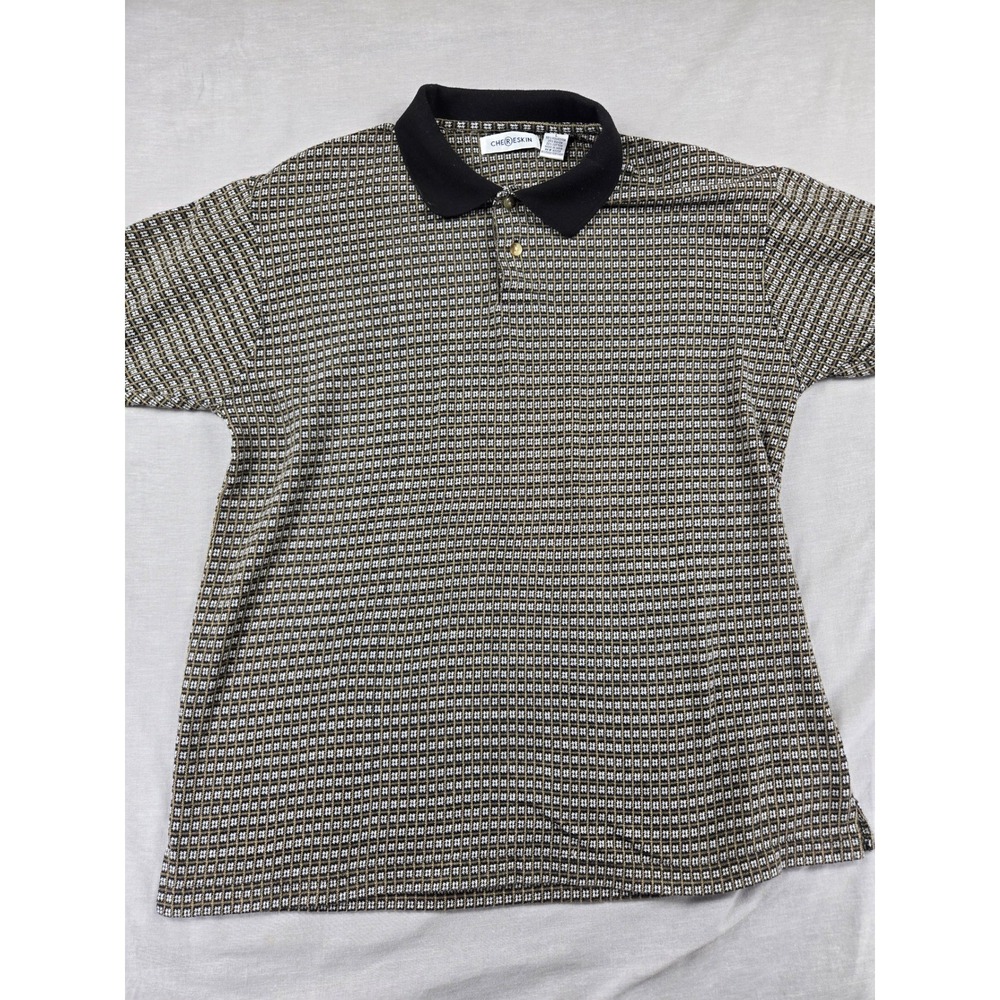 VIntage Chereskin Mens Short Sleeve Polo Shirt Large Black Tan Geometric Grid